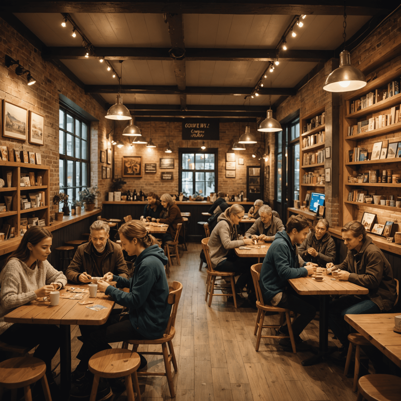A cozy cafe interior with wooden tables, warm lighting, and shelves filled with board games. People of various ages are seated, engrossed in different games, with steaming cups of coffee nearby.