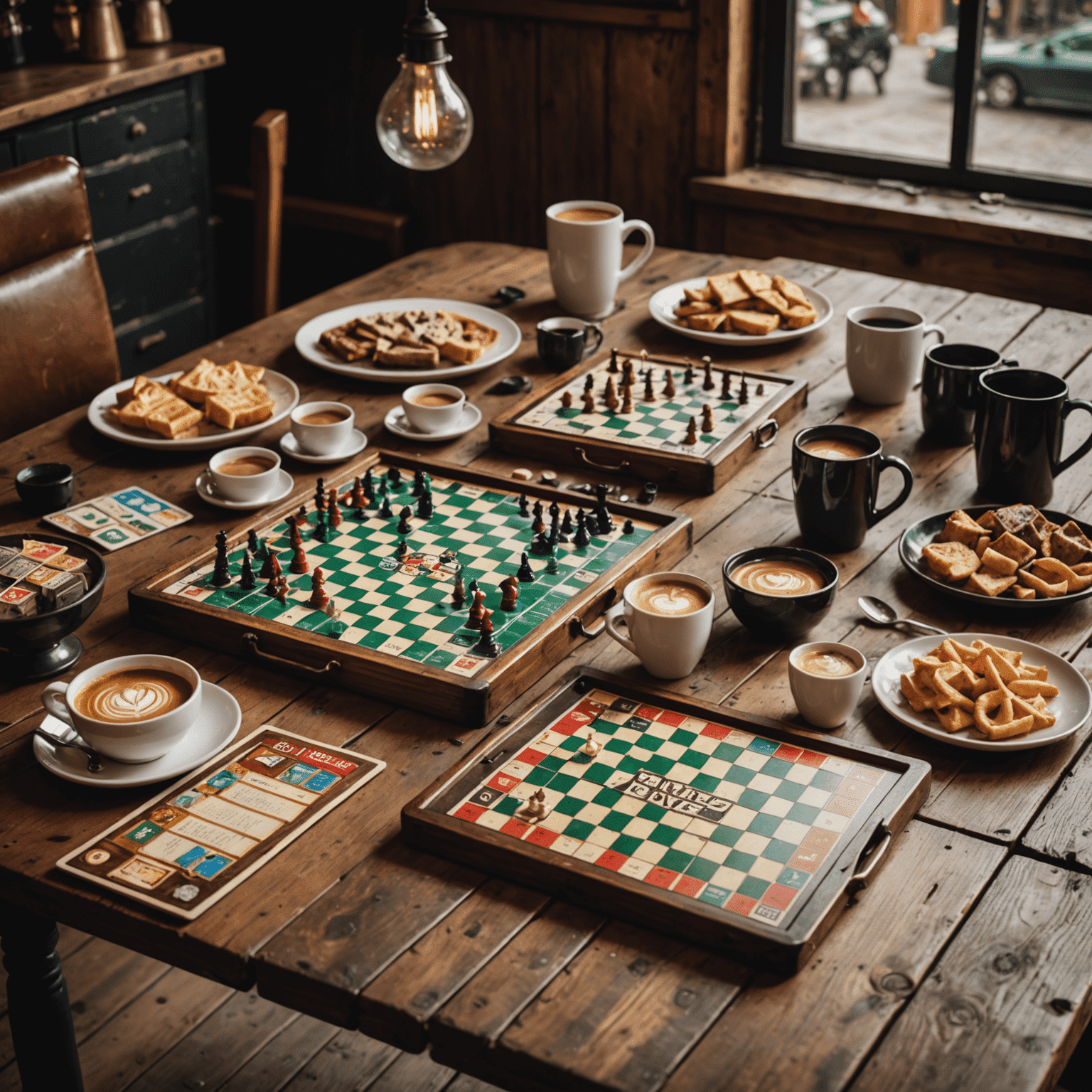 Various board games laid out on a rustic wooden table in a cozy cafe, with steaming coffee cups nearby