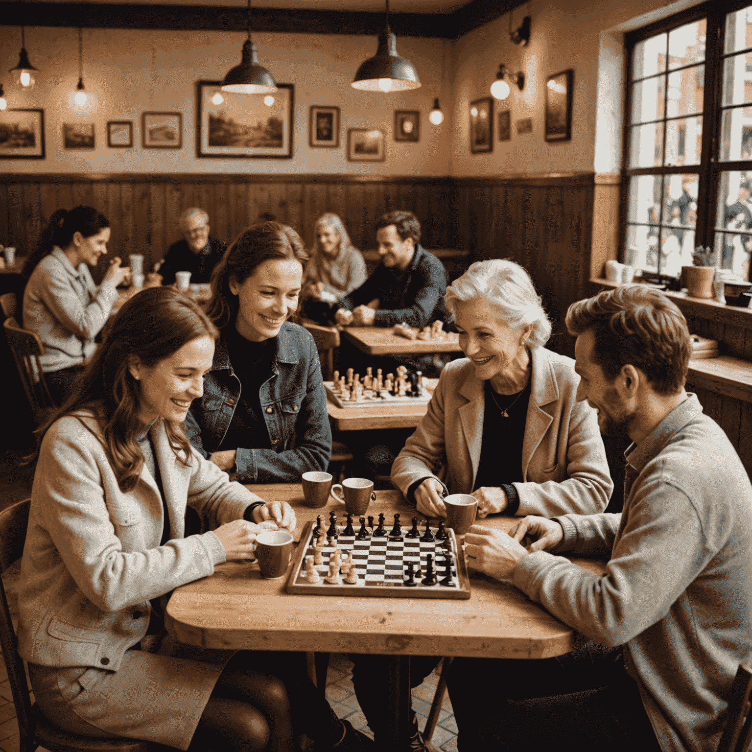 A cozy cafe interior with wooden tables, chess boards, and steaming cups of coffee. People of various ages are engaged in board games, smiling and interacting.