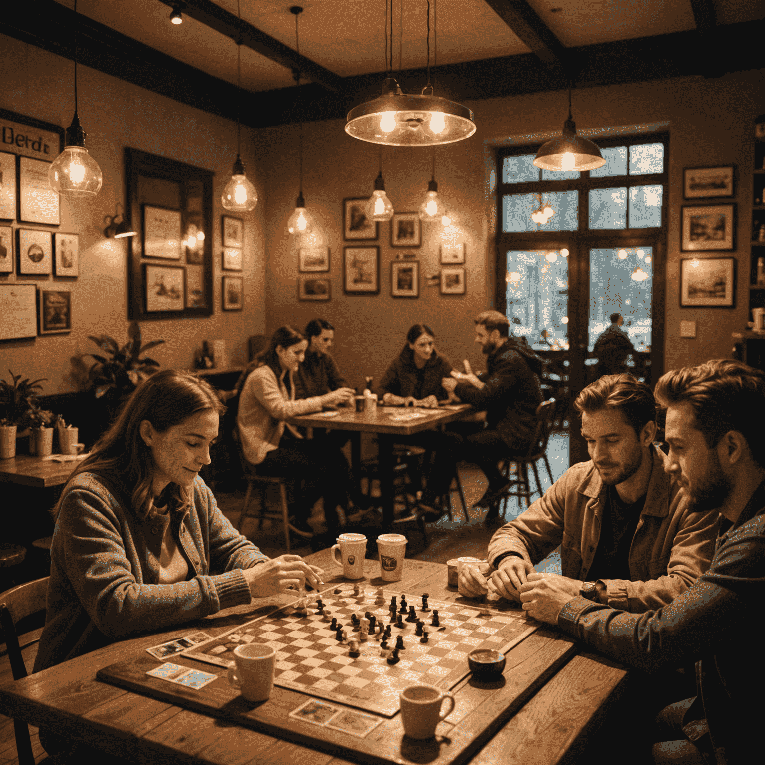 A cozy cafe interior with people playing board games, warm lighting, and coffee cups on wooden tables