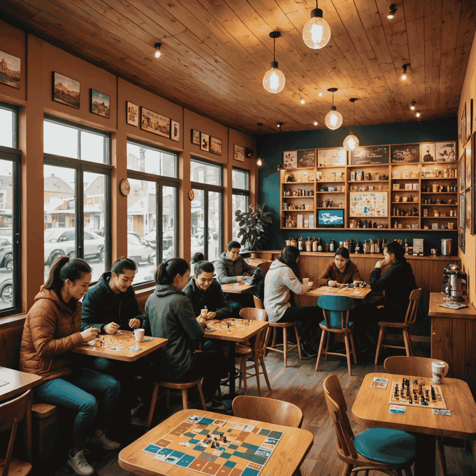 A cozy board game cafe in Batken, with wooden tables filled with colorful board games, and patrons enjoying coffee while playing