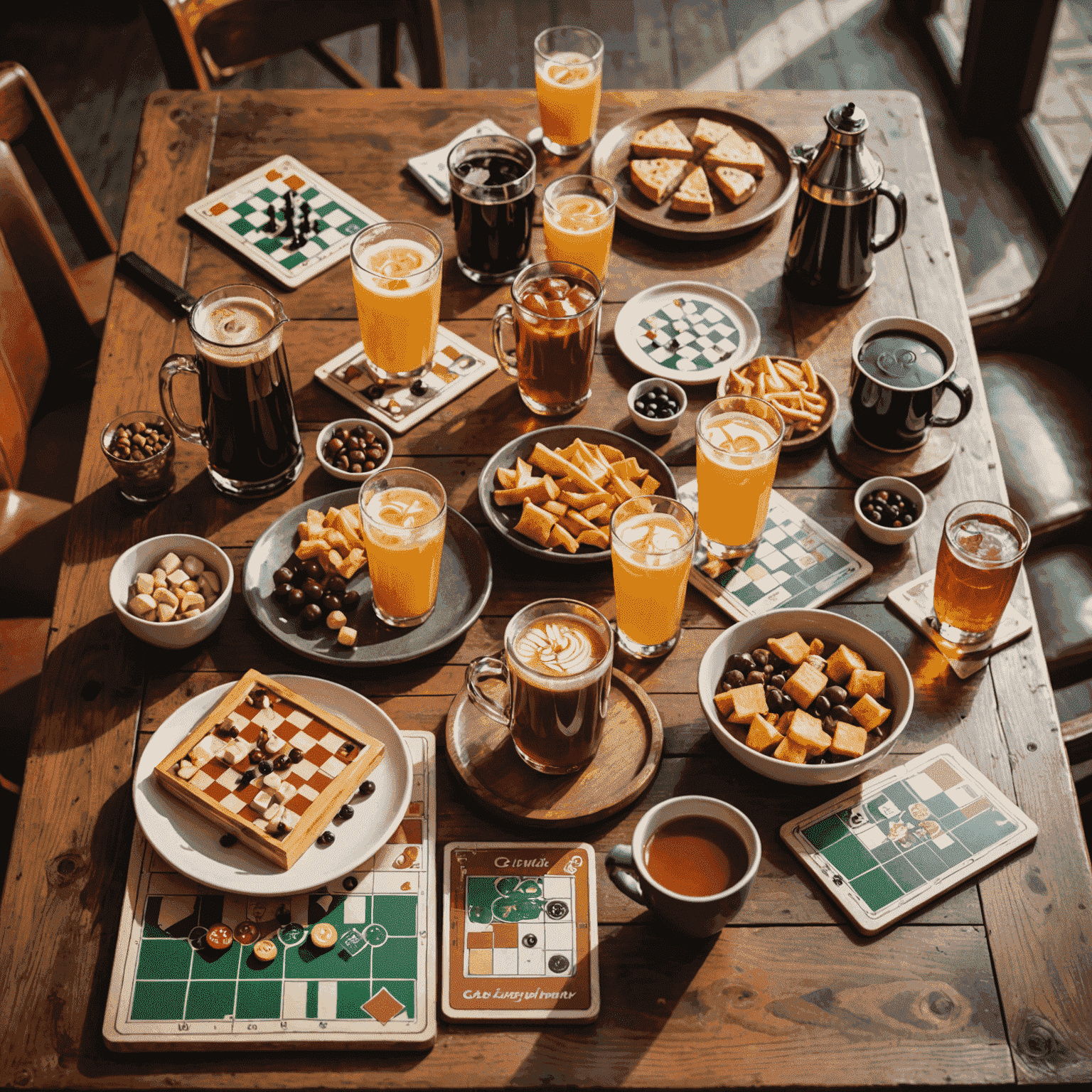 A cozy cafe setting with a variety of board games and drinks spread out on wooden tables. The image showcases different types of games paired with matching beverages, creating an inviting atmosphere for game enthusiasts.