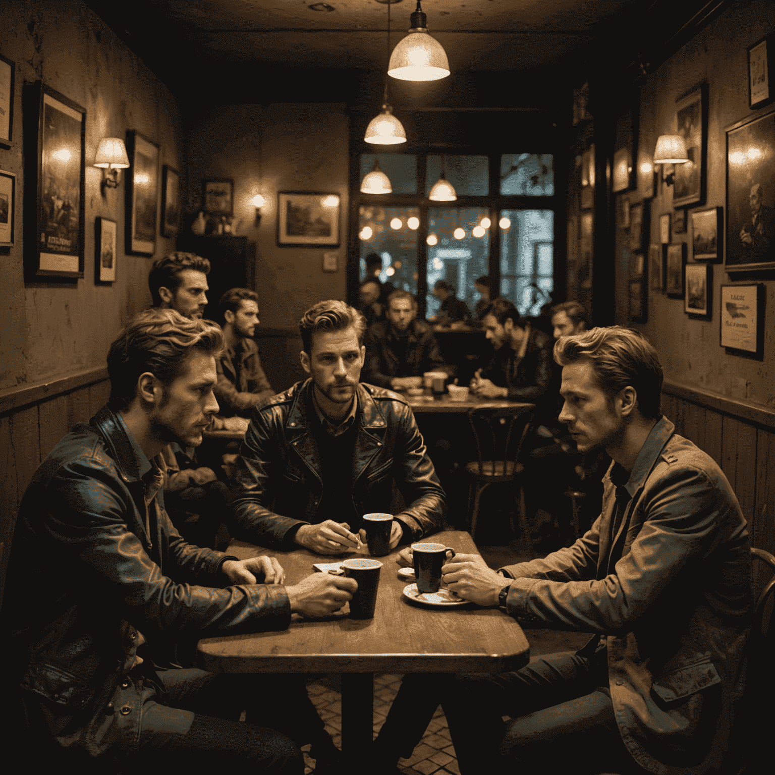 An intense game of Coup being played in a dimly lit corner of a cafe, with players eyeing each other suspiciously