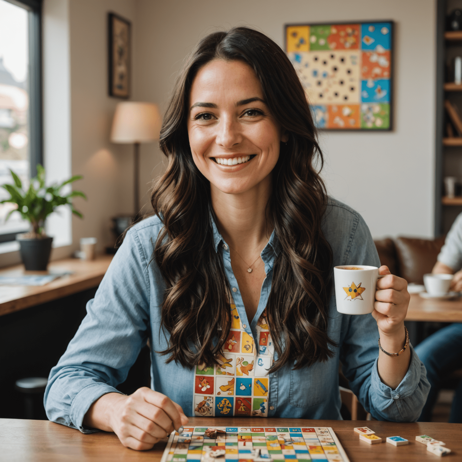 A smiling woman in her early 30s with long dark hair, wearing a casual shirt with a board game print. She's holding a meeple in one hand and a coffee cup in the other.
