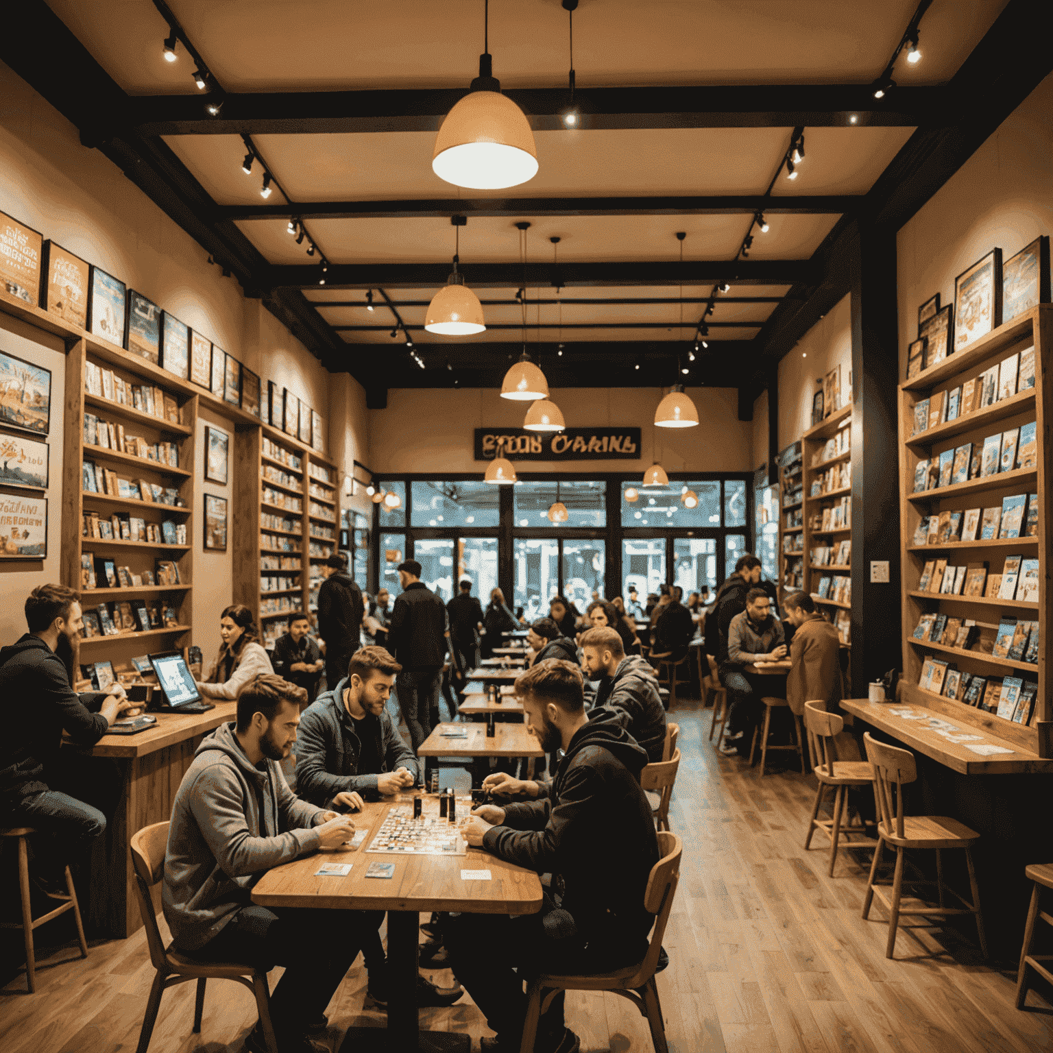 Interior of a trendy board game cafe in Batken, with shelves full of games and people playing at tables