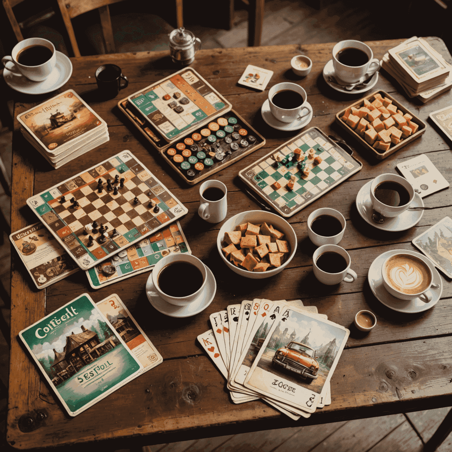 Various board games laid out on a rustic wooden table in a cozy cafe, with steaming coffee cups nearby