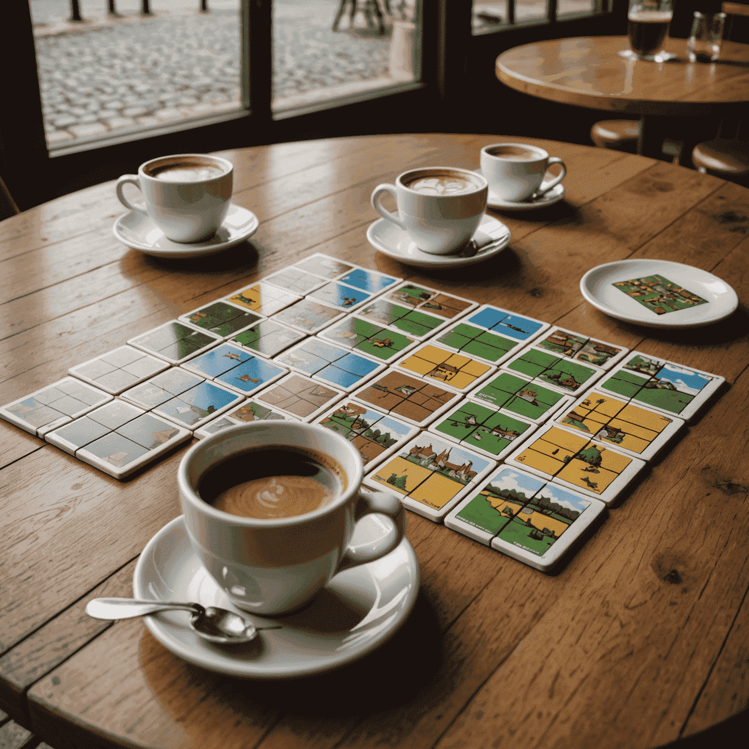 Carcassonne game tiles laid out on a cafe table with coffee cups nearby