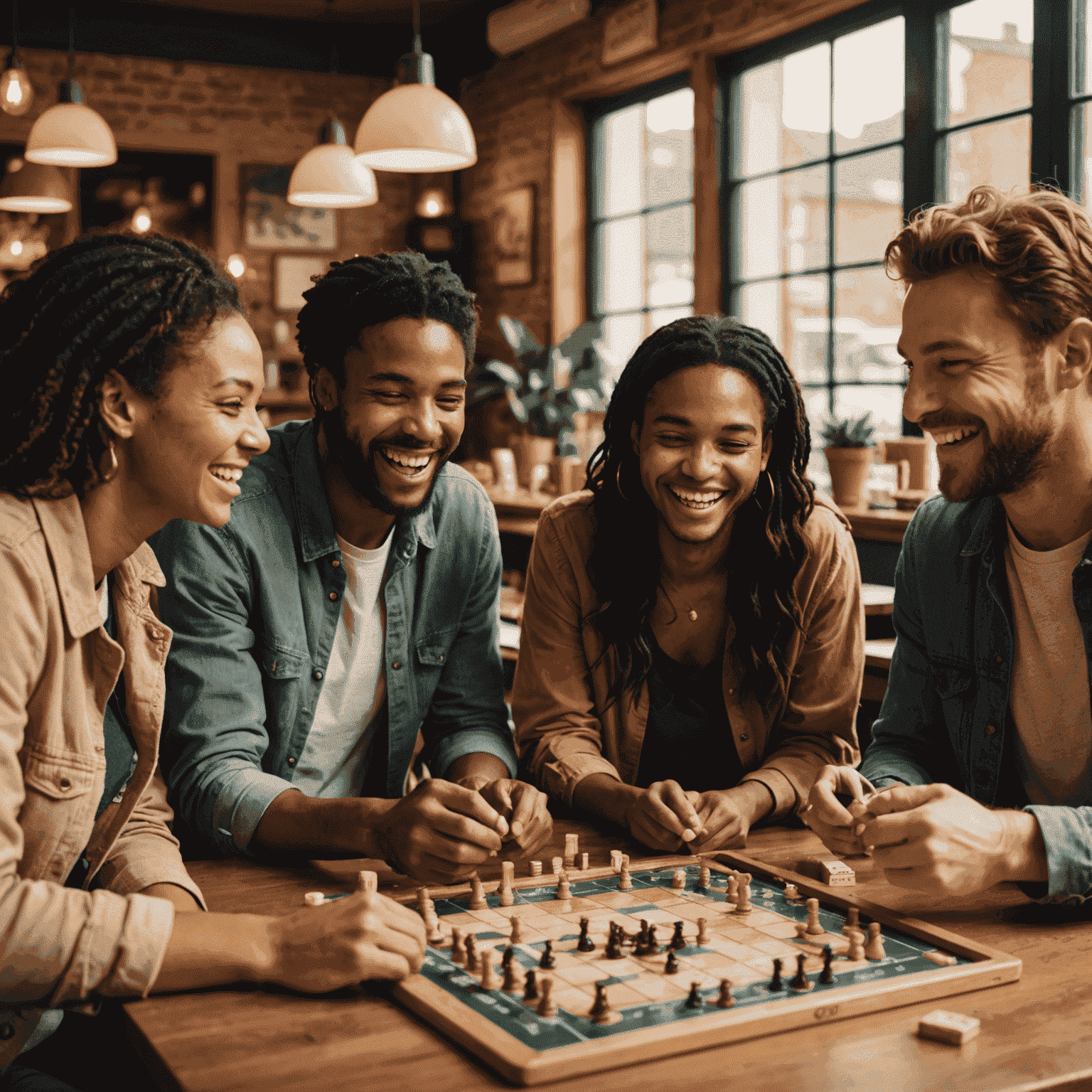 A diverse group of friends laughing and playing a strategy board game at a wooden table in a warmly lit cafe