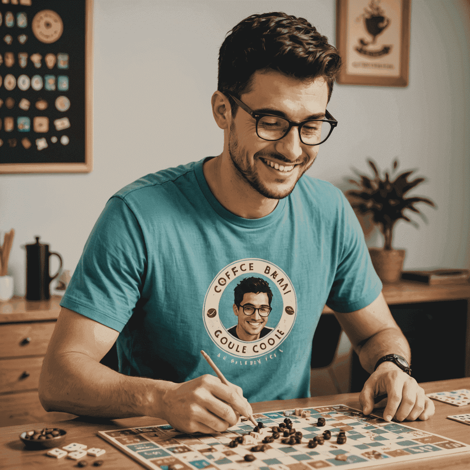 A cheerful man in his late 20s with short black hair and glasses, wearing a t-shirt with a coffee bean design. He's arranging board game pieces on a table.