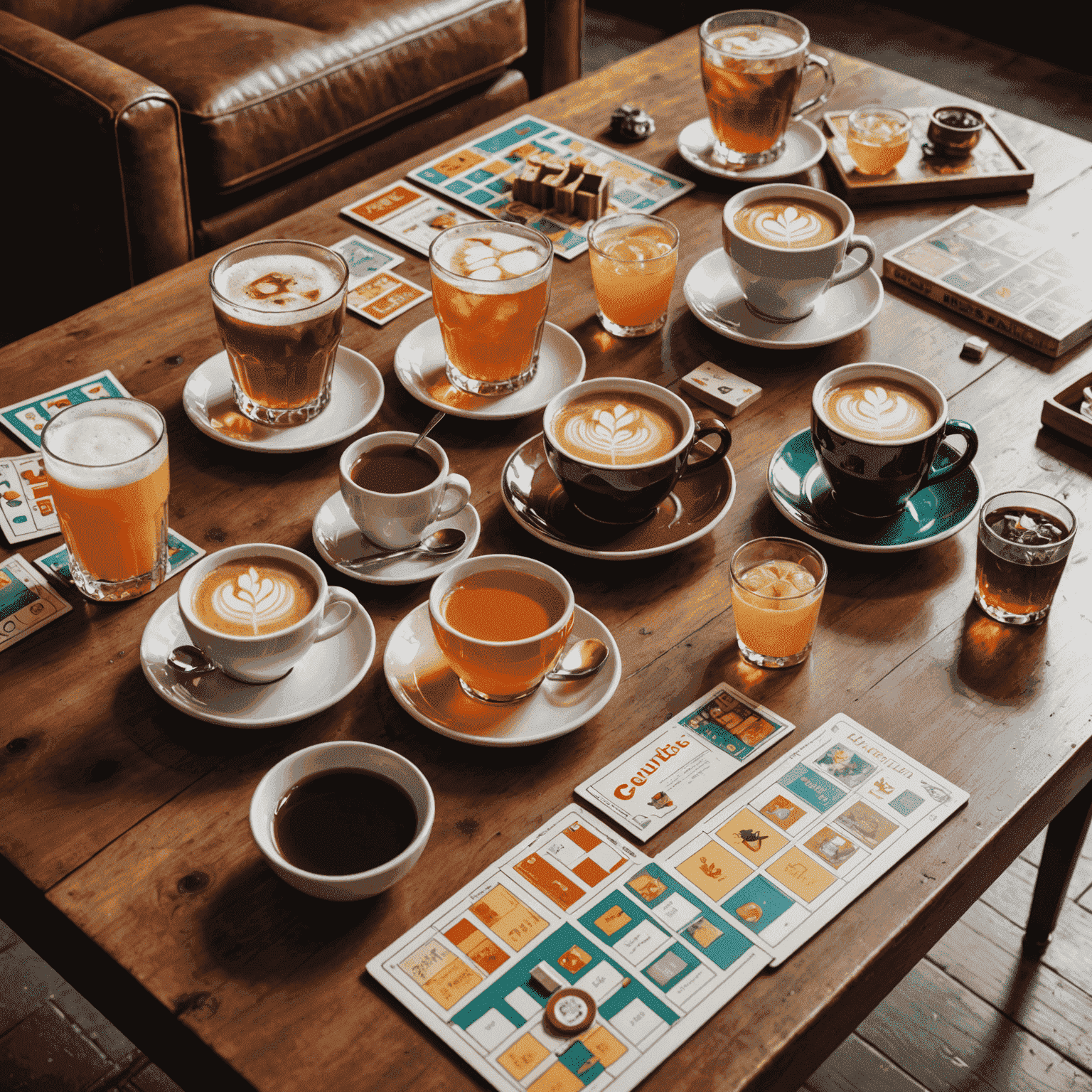 A variety of drinks (coffee, tea, and cocktails) arranged next to popular board games on a cafe table