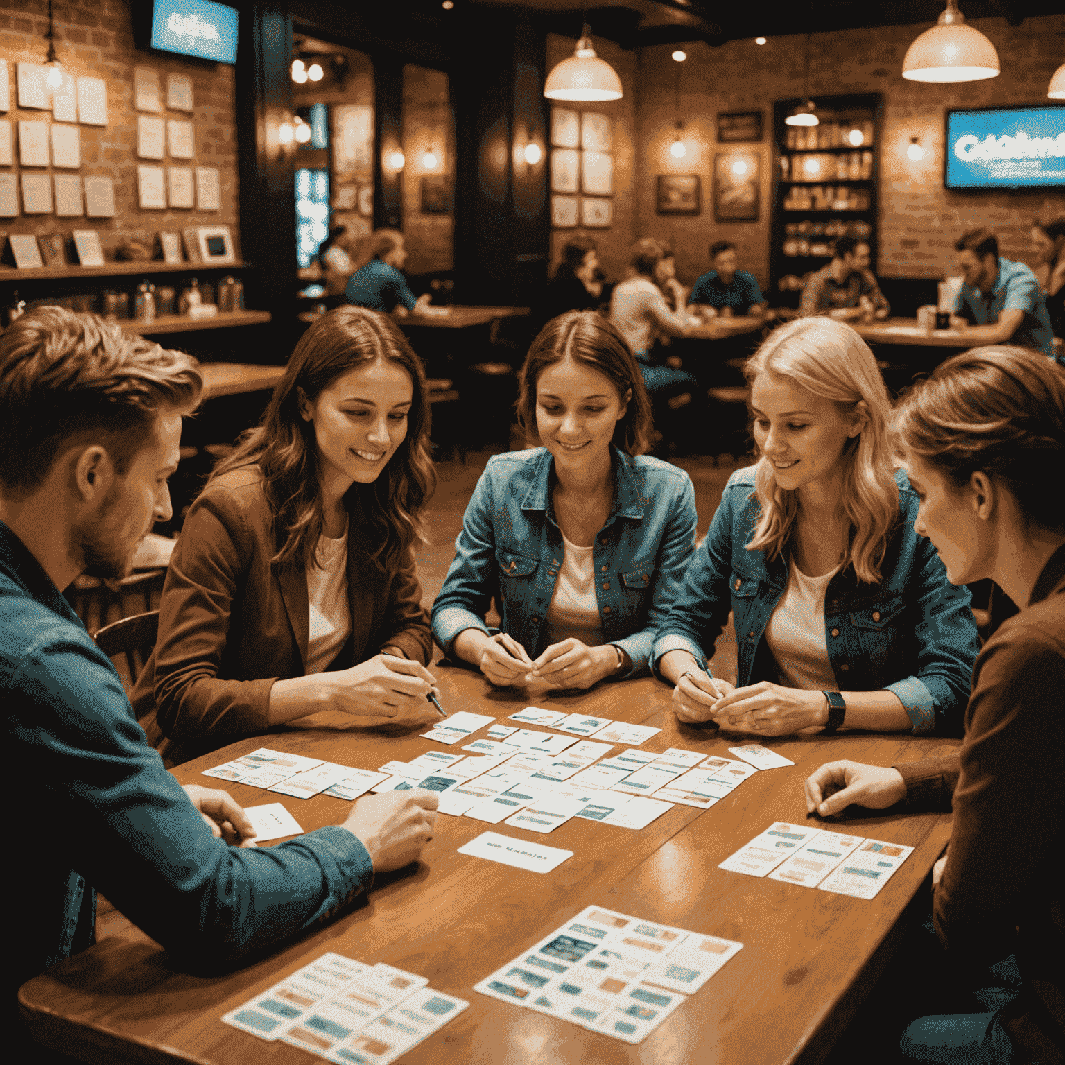 A group of friends playing Codenames in a bustling cafe, with word cards spread out
