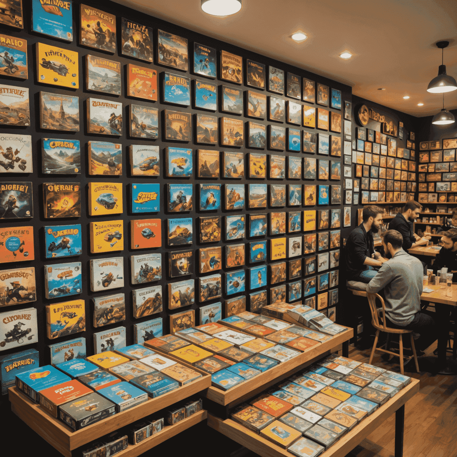 A wall filled with colorful board game boxes in a cafe, with patrons browsing and selecting games