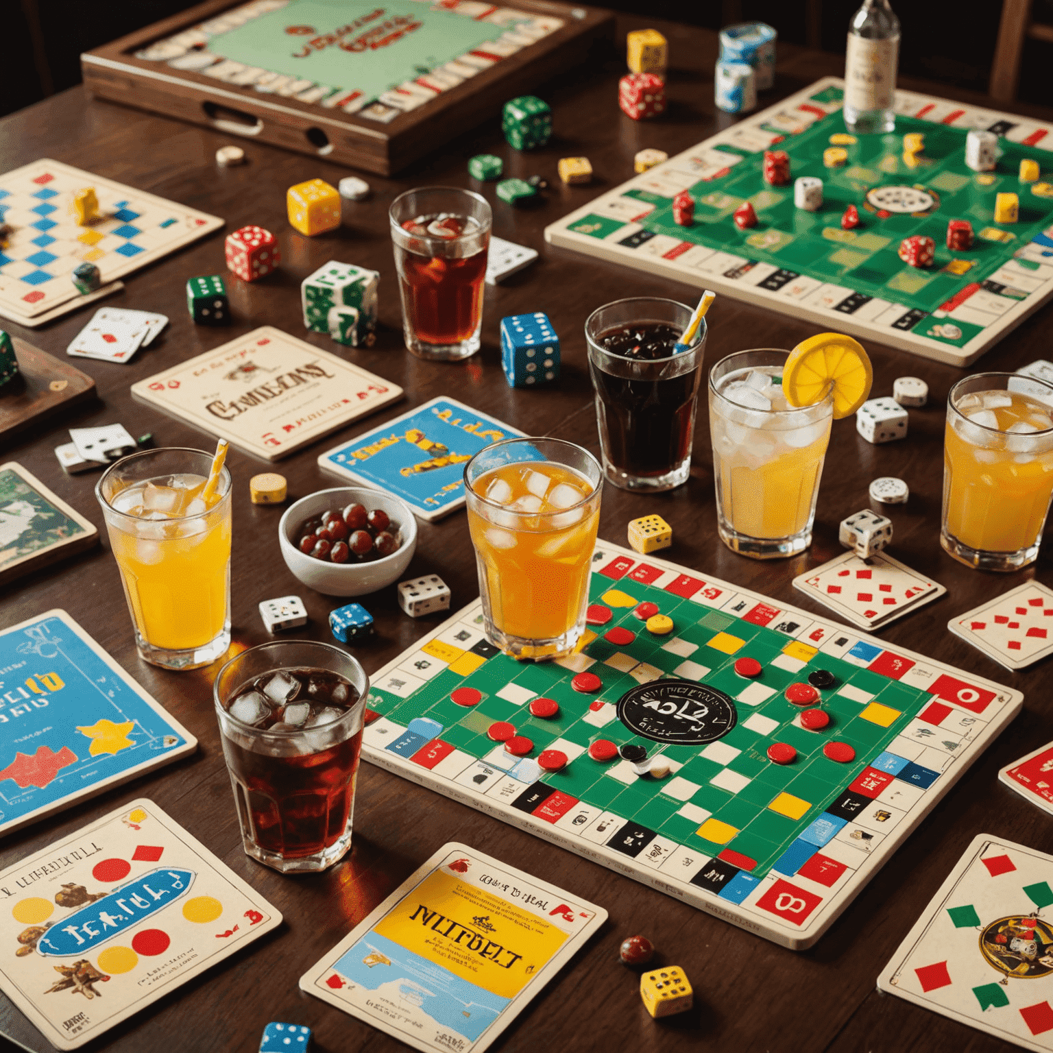 A variety of drinks next to popular board games, showcasing perfect pairings