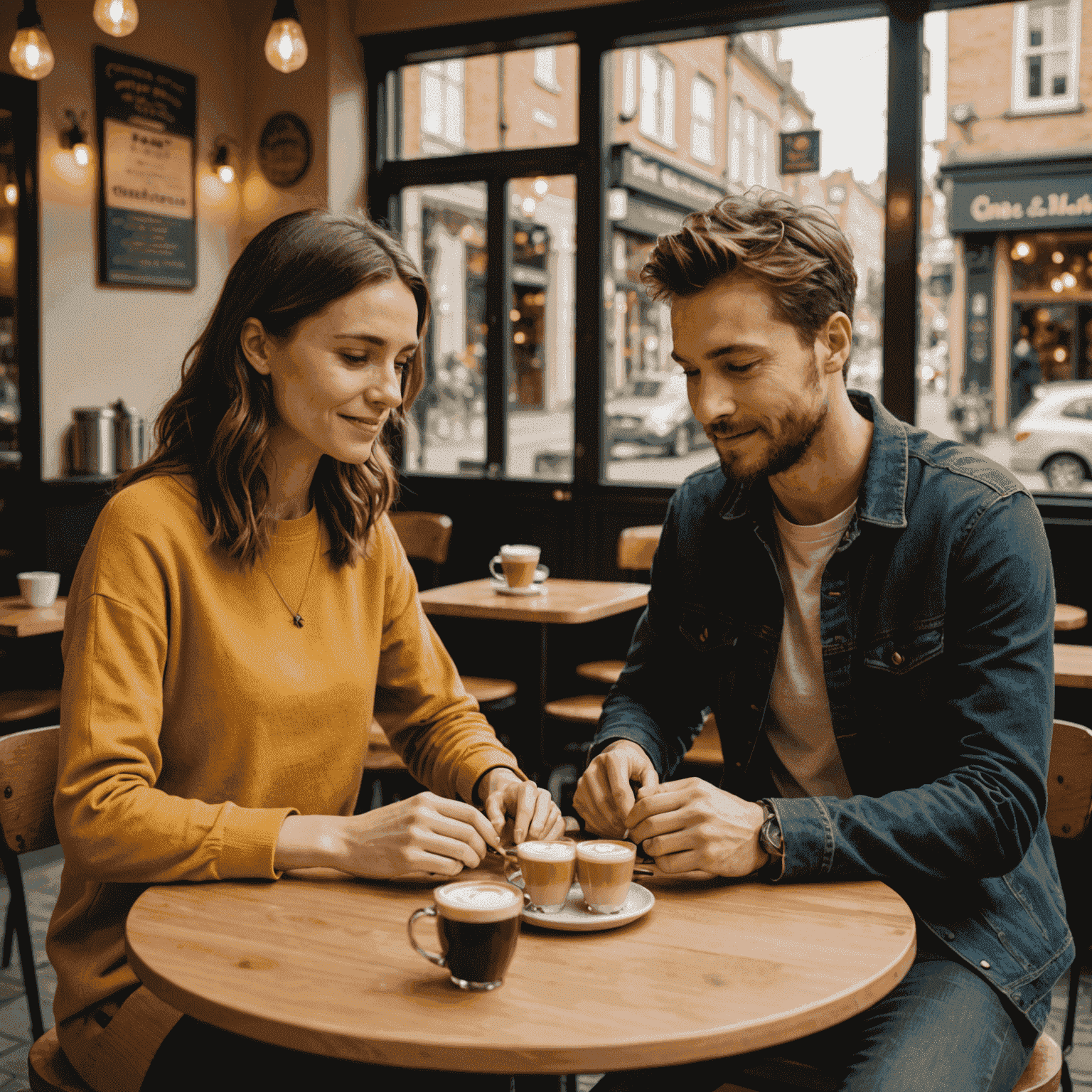 Two players engaged in a game of Hive on a small cafe table, with lattes beside them