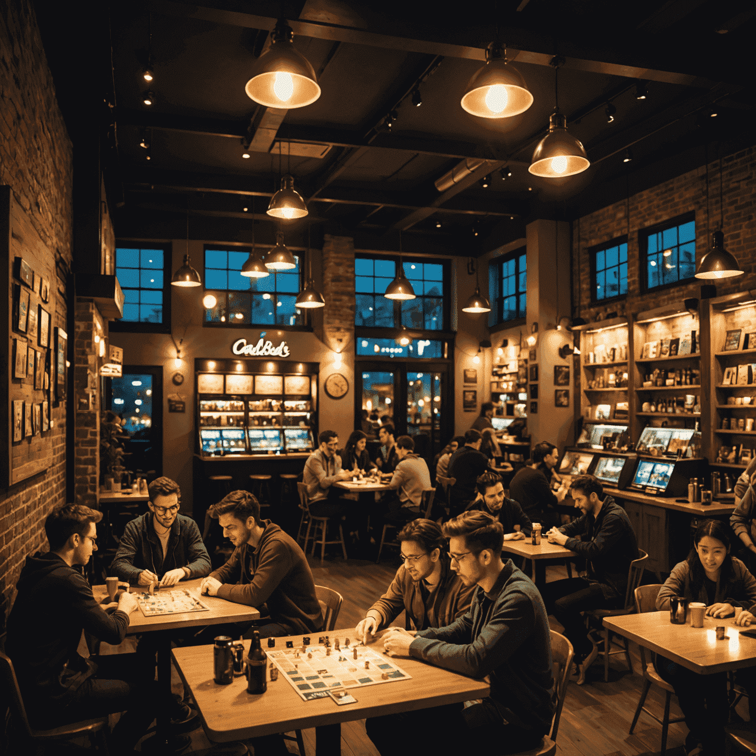 A bustling board game cafe at night, with warm lighting and multiple groups engaged in different games