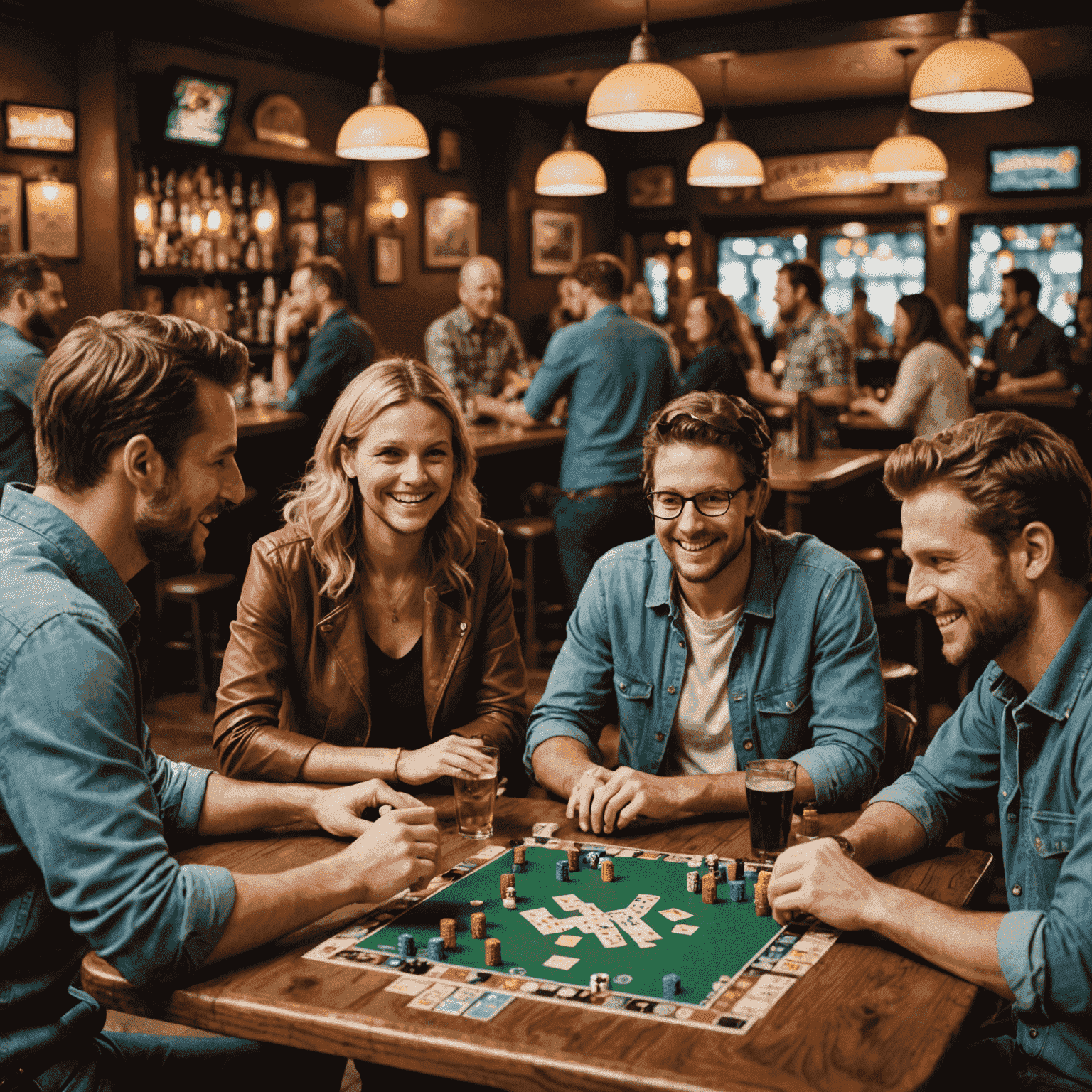 A lively scene of people enjoying board games at a local bar, with game pieces and drinks visible
