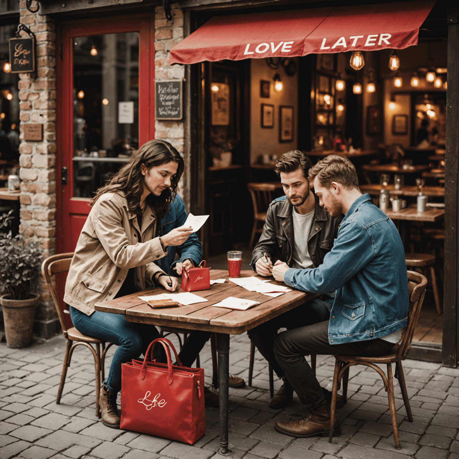 A small group playing Love Letter, with the game's red bag prominently displayed on a rustic cafe table