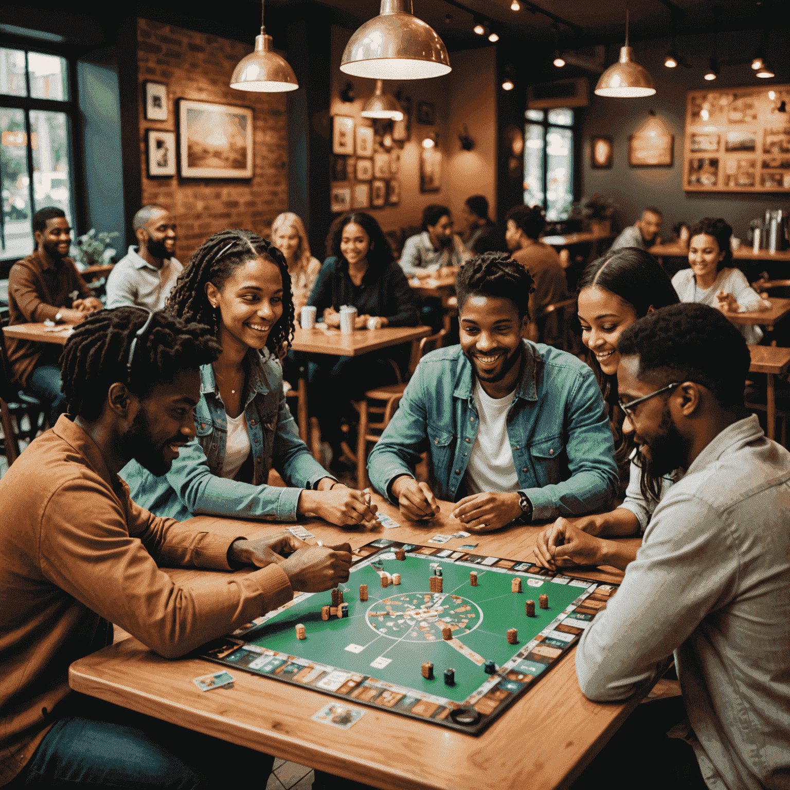 Diverse group of people engaged in board games at a cafe, showing social interaction and community building
