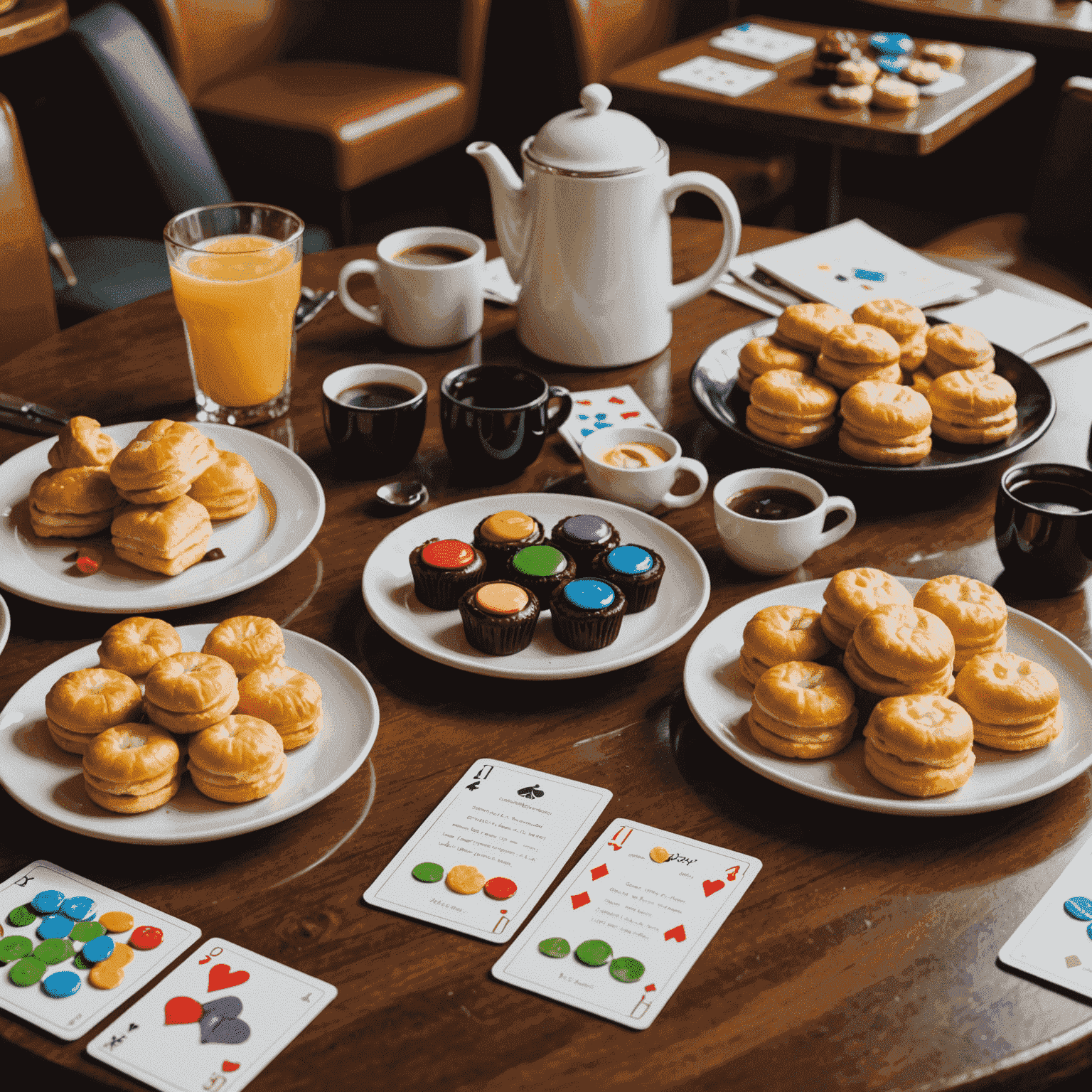 Splendor game set up in a cafe, with gem tokens and cards arranged neatly beside pastries
