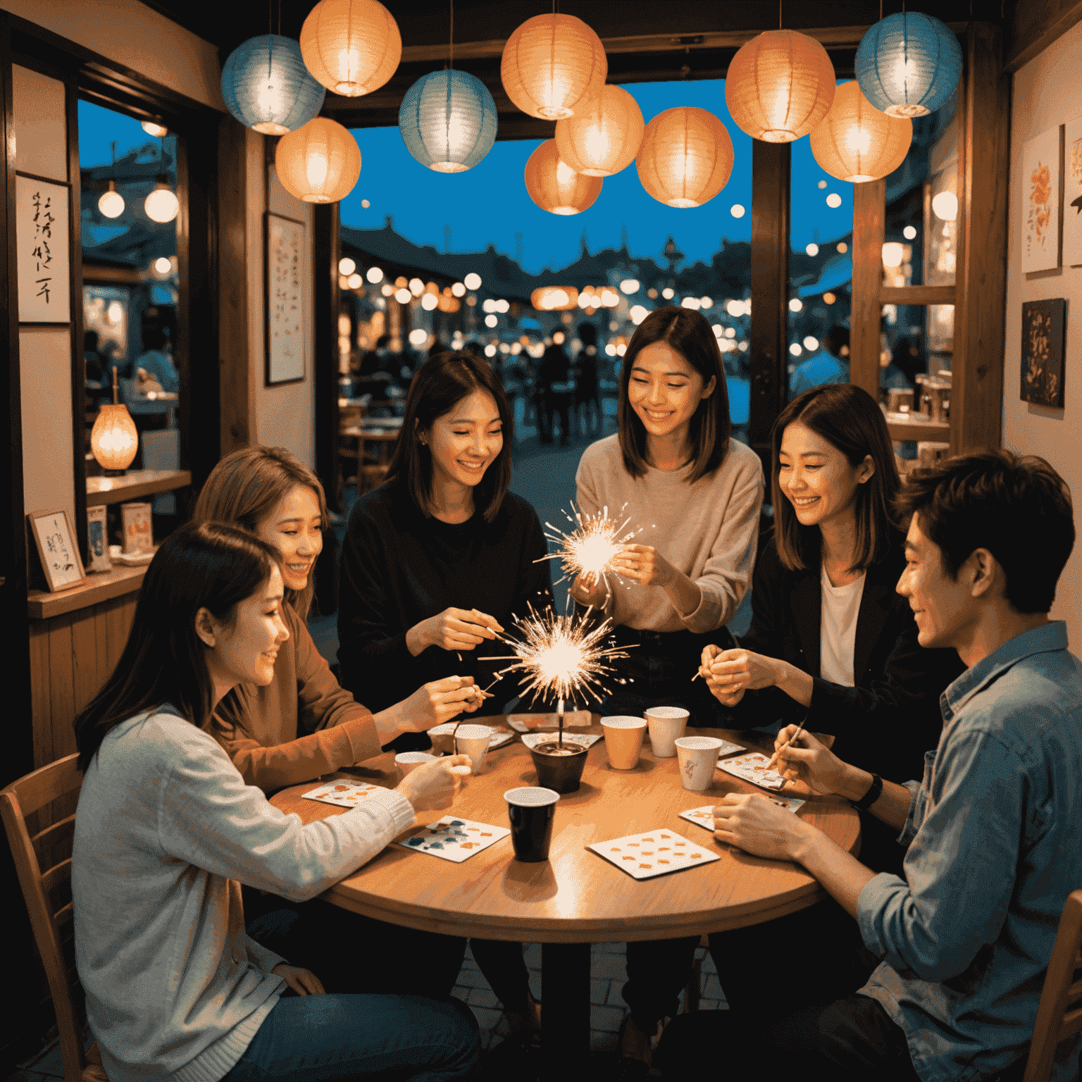 Friends collaborating on a game of Hanabi in a quiet corner of a cafe, with colorful cards fanned out