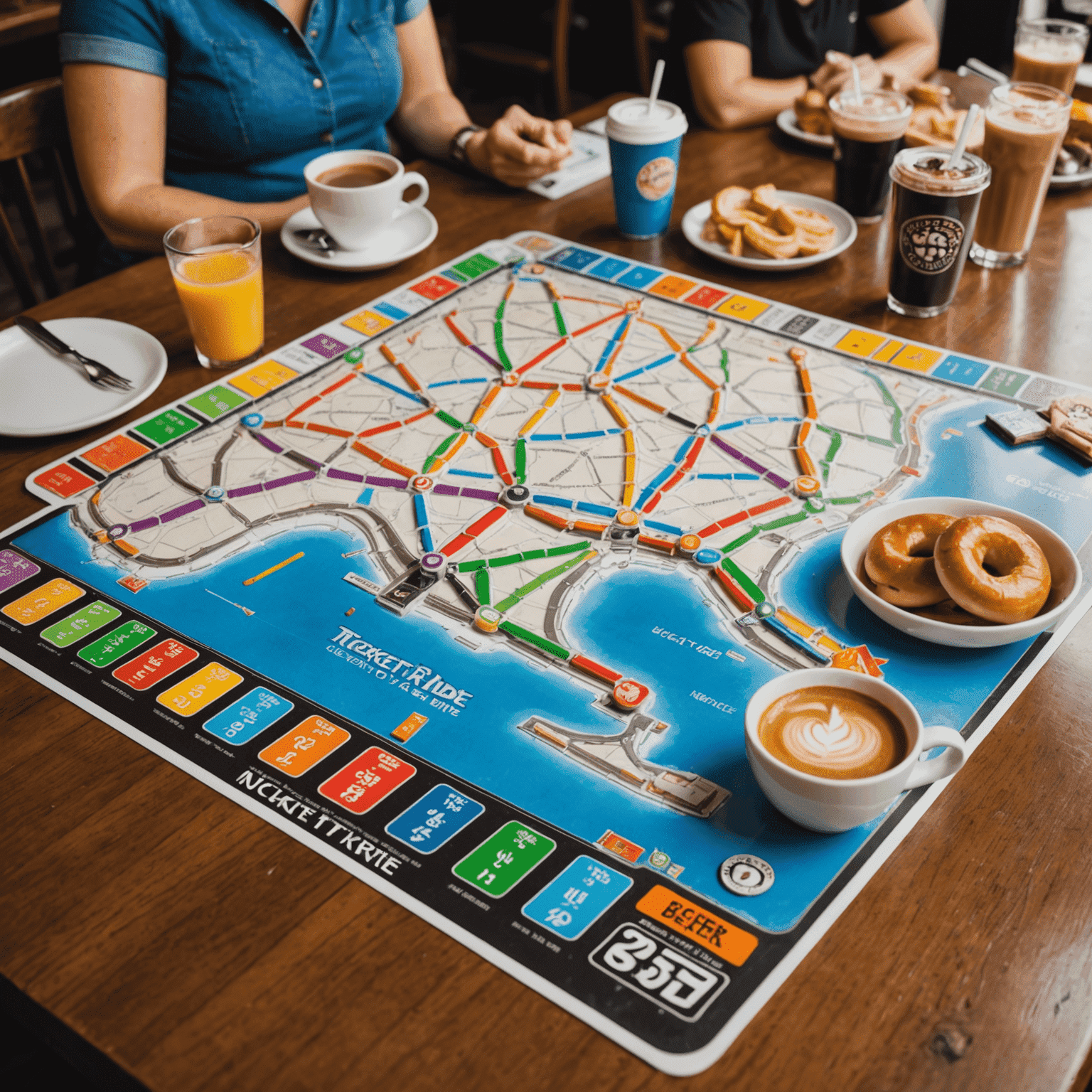 Ticket to Ride: New York board game set up on a cafe table with New York-style bagels and coffee
