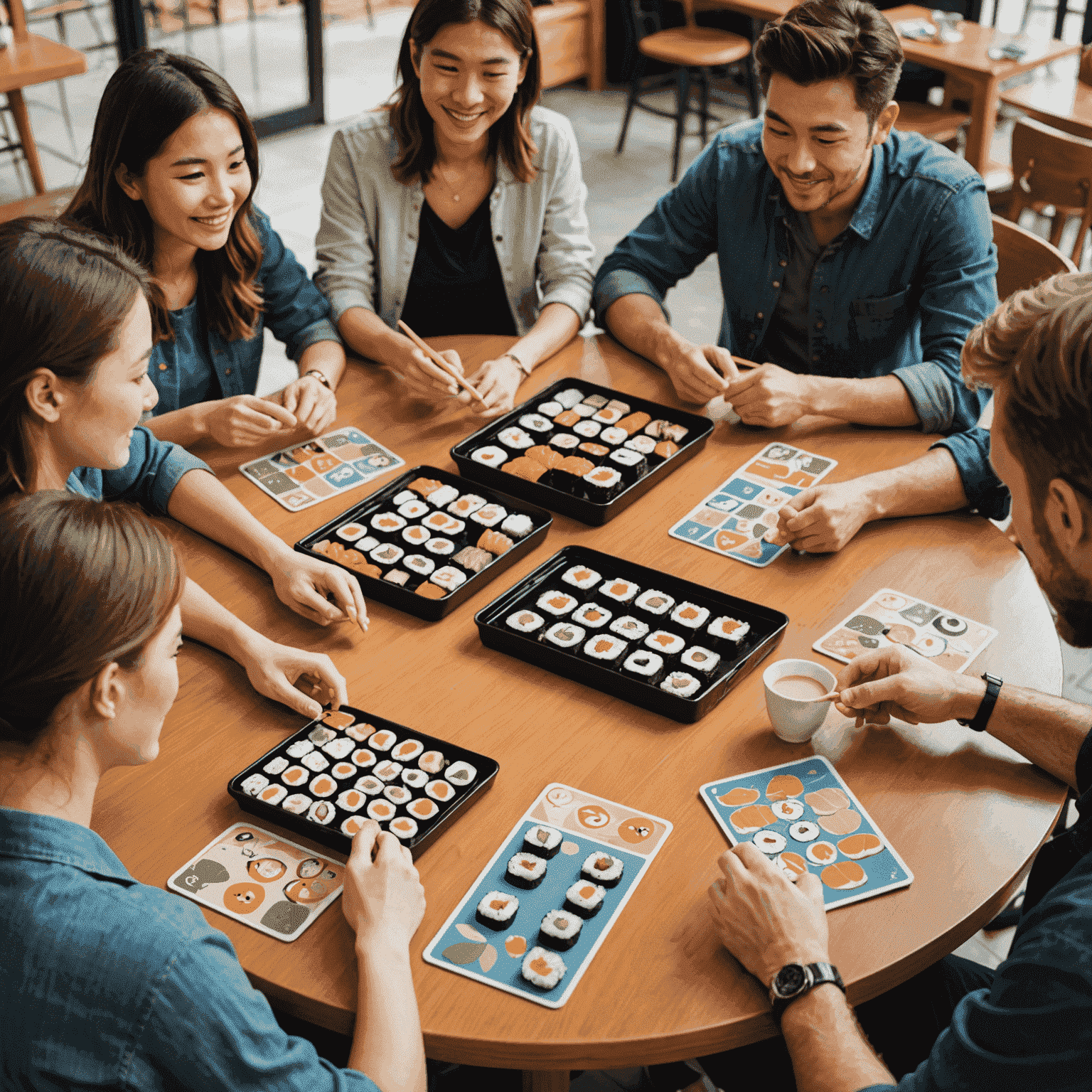 A lively game of Sushi Go! in progress at a cafe, with players holding cards and sushi-themed artwork visible