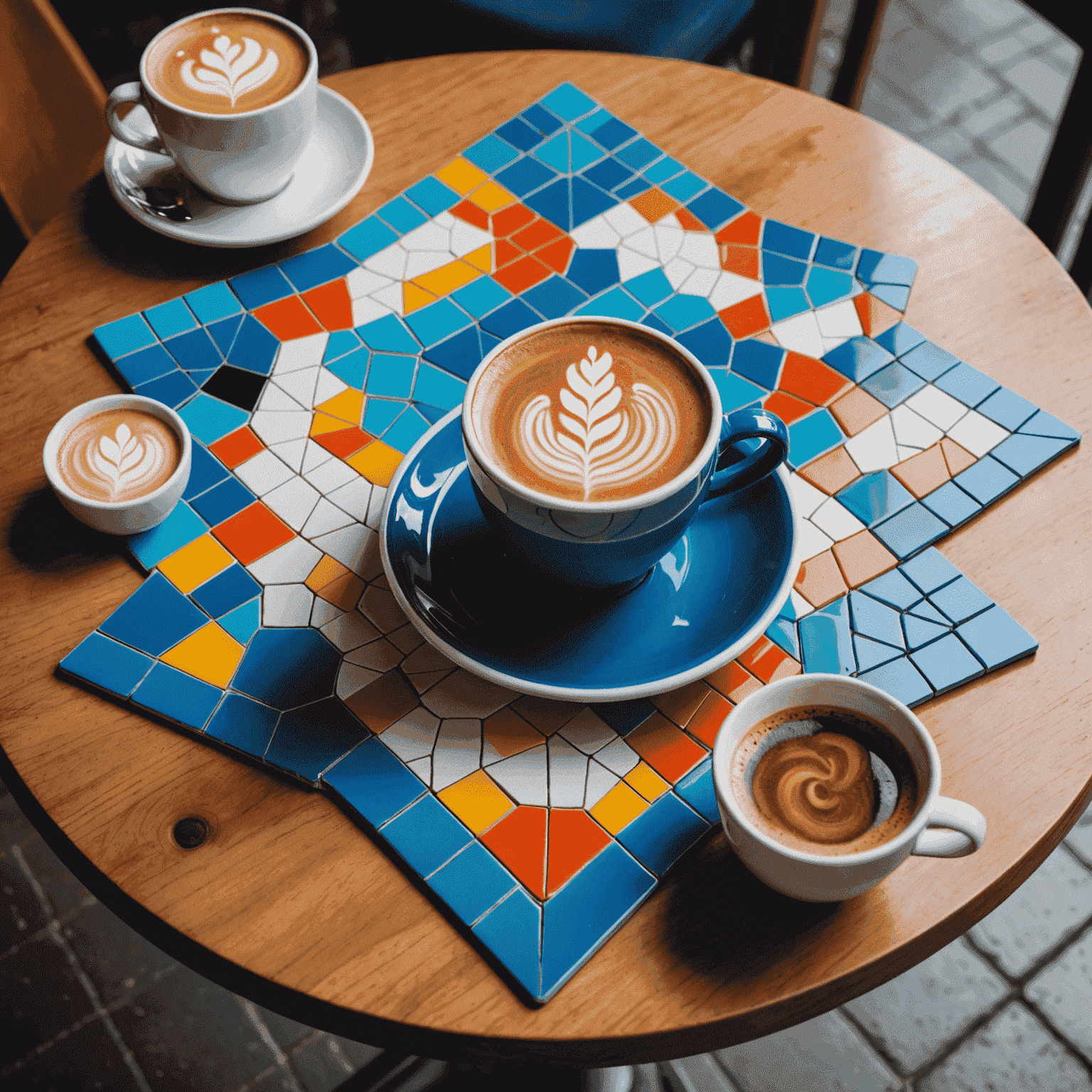 Azul game board with its colorful tiles arranged on a cafe table, next to a cappuccino with intricate latte art